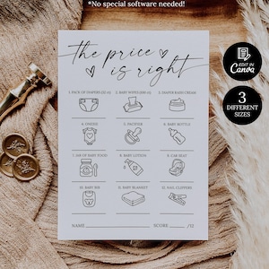 May include: A white paper game card titled the price is right featuring twelve black line art icons of baby items including nappies, wipes, cream, onesie, dummy, bottle, food, lotion, car seat, bib, blanket, and nail clippers with score lines.