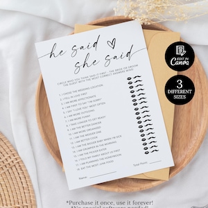 He Said She Said Bridal Shower Game Template, He Said She Said Game Editable, Minimalist Wedding Game Printable, Bride or Groom Game Canva