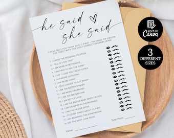 He Said She Said Bridal Shower Game Template, He Said She Said Game Editable, Minimalist Wedding Game Printable, Bride or Groom Game Canva
