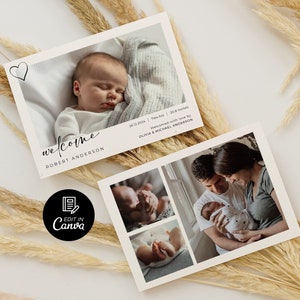 Carte de bienvenue modifiable, modèle de faire-part de naissance, faire-part photo de bébé, carte de nouveau-né carte de statistiques de naissance simple téléchargement immédiat