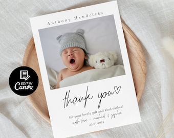 Biglietto di ringraziamento per neonato, biglietto di ringraziamento personalizzato per annuncio nascita, biglietto di ringraziamento per neonato, modello di biglietto di ringraziamento con foto di bambino