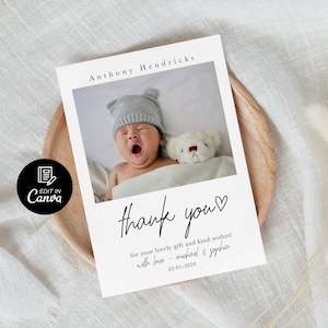 Tarjeta de agradecimiento para recién nacidos, tarjeta de agradecimiento personalizada para anunciar el nacimiento, plantilla de tarjeta de agradecimiento con foto del bebé