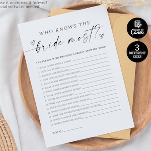 Who knows the Bride the Most Game, Script Bridal Shower Game, How well do you know the Bride, Minimalist Wedding Game, Bridal Shower Game