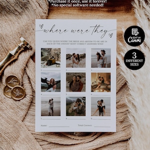 Mall för bröllopsspel med var de var, minimalistiskt gissningsspel med fotokort och skylt, duschspel för par, gissningsspel med foto, bröllopsdusch
