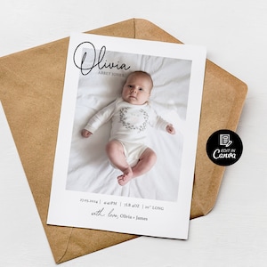 Modèle de toile photo modifiable pour carte de naissance, carte de statistiques de naissance imprimable, faire-part de bébé carte postale parents, faire-part de bienvenue nouveau-né