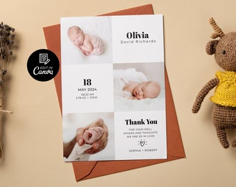 Baby Thank You Card, Newborn Thank You Card, Photo Birth Card, Birth Stats Card, Hello Baby Birth Announcement Template, Newborn Postcard