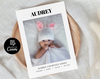 Photo Birth Announcement Template, Printable Newborn Cards with Pictures, Editable Minimalist Welcome  Baby Announcement Postcard Canva