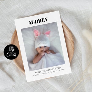 Modèle photo de faire-part de naissance, cartes de naissance imprimables avec photos, carte postale de faire-part de bienvenue de bébé minimaliste modifiable Canva