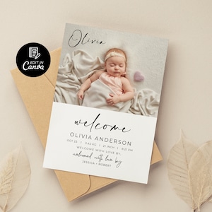 Faire-part de bienvenue pour nouveau-né, modèle de toile de carte de naissance photo modifiable, carte de statistiques de naissance imprimable, faire-part de bébé carte postale de parents