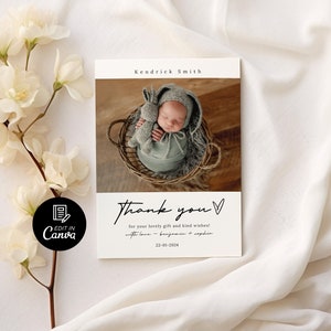 Photo Thank You Card for Newborn Baby with Name, Personalized Baby Birth Announcement Thank You Card, Newborn Baby Thank You Card Template