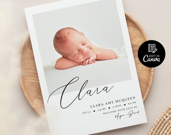 Editable Photo Birth Announcement Template, Printable Birth Stats Card, Newborn Baby Announcement, Simple Birth Stats Card, Instant Download