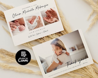 Biglietto di ringraziamento con foto per neonato con nome, biglietto di nascita, biglietto di ringraziamento modificabile per annuncio di nascita, biglietto di ringraziamento per annuncio di nascita