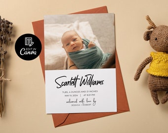 Printable Photo Birth Card, Birth Stats Card, Hello Baby Birth Announcement Template, Newborn Postcard, Baby Birth Announcement with Picture