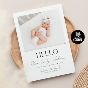 Bonjour faire-part de naissance, modèle photo modifiable de faire-part de naissance, carte de statistiques de naissance imprimable, toile de faire-part nouveau-né