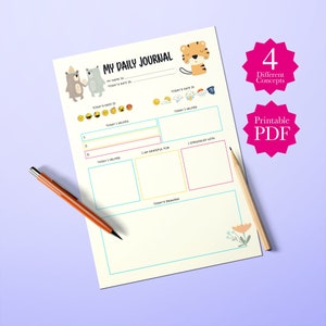 Afdrukbare dagelijkse planner voor kinderen, routinegrafiek, dagelijks dagboek, tijgerdieren, 4 verschillende ontwerpplanners voor kinderen, gedragsgrafiek