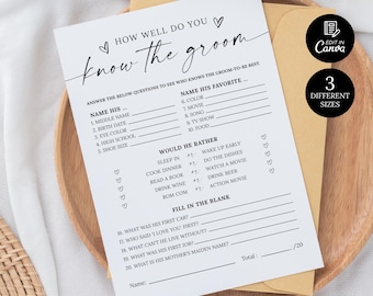 Juego de preguntas para conocer al novio, juego minimalista para despedidas de soltera, juego moderno de trivia para parejas en despedidas de soltera, juego "Conoce al novio".