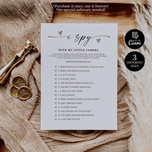 Szablon gry ślubnej „I Spy with My Little Camera”, minimalistyczna gra w polowanie na zdjęcia ślubne, zabawna gra na przyjęciu weselnym, gra „I Spy Wedding Shower”