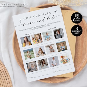 Hur gamla skulle mamma och pappa bli, mall för babyshower-spel, enkel hjärtformad babyshower-aktivitet, utskrivbart gissningsspel med fotobebis