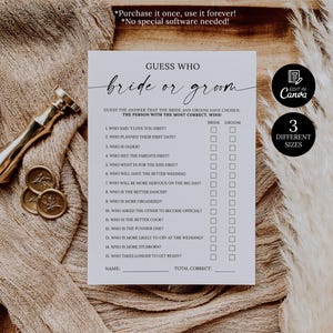 Guess Who Bride or Groom Game Template, The Couple Best Wedding Game, Who Knows The Couple Best, Wedding Best Party Game, Bridal Shower Game