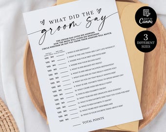 What Did the Groom Say Game, Bridal Shower Games Groom Say, Bachelorette Shower Game, Printable He Said Game, Wedding Games Groom Say Canva