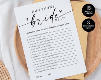Juego imprimible "¿Quién conoce mejor a la novia?" ¿Cuánto sabes de la novia? Plantilla minimalista para juego de boda, juego moderno para despedida de soltera