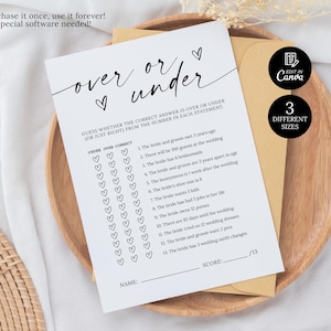 Over Or Under Bridal Shower Game, Bachelorette shower Game Printable Modern Bridal Shower Game  Minimalist Over Or Under Wedding Shower Game