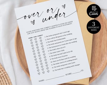Over Or Under Bridal Shower Game, Bachelorette shower Game Printable Modern Bridal Shower Game  Minimalist Over Or Under Wedding Shower Game