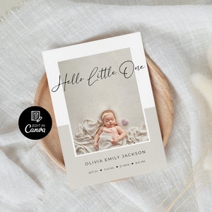 Hello Little One Birth Announcement Template, Printable Birth Stats Card, Newborn Baby Announcement, Basic Boho Birth Canva Instant Download
