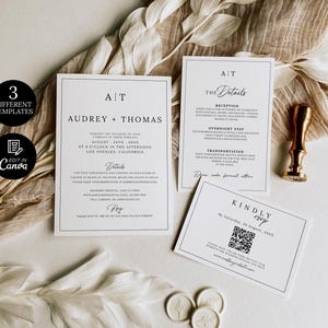 Set bruiloftuitnodigingen, sjabloonsuite huwelijksuitnodiging, minimalistisch bruiloftsbriefpapier, RSVP-kaart met QR-code, kaart met details