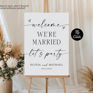 We zijn getrouwd, Lets Party-bord, minimalistisch welkomstbord, leuk welkomstbord voor bruiloft, bewerkbaar, modern welkomstbord verlovingsfeest afdrukbaar