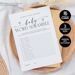 Minimalist Baby Word Scramble Game Template, Unique Baby Shower Table Games, Printable Baby Shower Word Puzzle, Editable Gender Neutral Game