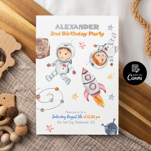 Invito di compleanno per bambini a tema astronauta e Space Shuttle, modello modificabile per invito di compleanno a tema avventura spaziale per bambini