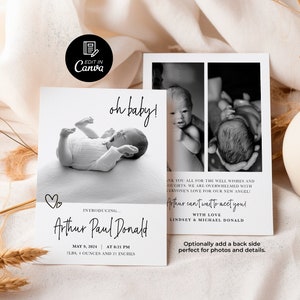 Modèle de faire-part de naissance nouveau-né, carte de naissance photo imprimable, photos minimalistes modifiables faire-part de naissance, téléchargement immédiat