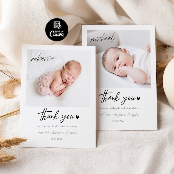 Baby Announcement Thank You Card, Photo Thank You Card for Newborn Baby with Name, Birth Card, Personalized Birth Announcement ThankYou Card