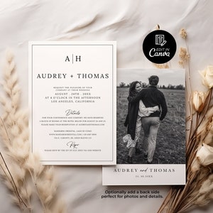 Modelo de convite de casamento, convite de casamento com foto no Canva, convite de casamento minimalista editável, convite de casamento moderno, cartão de casamento boho