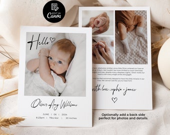 Plantilla editable de anuncio de nacimiento con foto, tarjeta imprimible con estadísticas de nacimiento, anuncio de "Hola bebé recién nacido", tarjeta sencilla con estadísticas de nacimiento