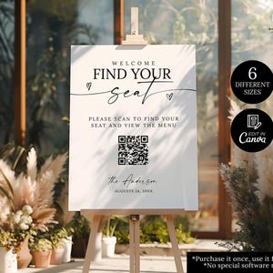 QRコード付きウェディング席次表サイン、モダンなデジタル席次表プランサイン、テーブルプランQRコードスキャン可能サイン、ウェディング席順案内サイン
