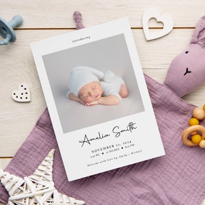 Modèle de faire-part de naissance photo modifiable, carte de statistiques de naissance imprimable, faire-part de nouveau-né, simple naissance sur toile, téléchargement immédiat