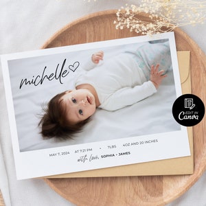 Modèle de faire-part de naissance photo modifiable, carte de statistiques de naissance imprimable, faire-part de nouveau-né, carte de statistiques de naissance simple, téléchargement immédiat