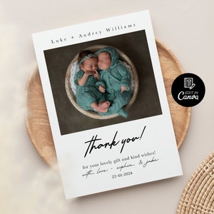 Baby Thank You Card, Newborn Thank You Card, Photo Thank You Card for Newborn Baby with Name, Twins Baby Birthday Thank You Photo Card