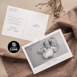 Carte postale pour nouveau-né de jumeaux, faire-part de naissance bébé deux fois béni avec photo, carte de naissance photo imprimable, modèle de faire-part de naissance bonjour bébé
