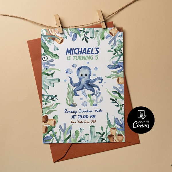 Printable Octopus Birthday Card, Underwater Animal Birthday Party Invitation, Editable Birthday Invitation Template for Kids
