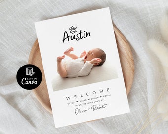 Hello Baby Postcard Template, Baby Birth Announcement Sign, Baby Birth Announcement with Picture, Birth Stats Card, Boho Birth Announcement