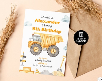 Editable Construction Machines Truck Birthday Party Invitation Template for Kids, Printable Invite Card and Phone Digital Instant Download
