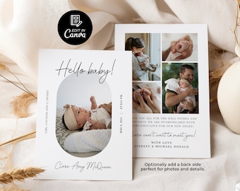 Plantilla editable de anuncio de nacimiento con foto, tarjeta imprimible de estadísticas de nacimiento, anuncio de bebé recién nacido, tarjeta sencilla de estadísticas de nacimiento, descarga instantánea