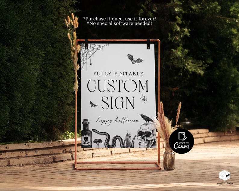 May include: A framed sign with a copper-colored frame, featuring a white background with black Halloween-themed illustrations. The sign reads "FULLY EDITABLE CUSTOM SIGN" with "happy halloween" below. Includes a bat, spider, skull, and snake.