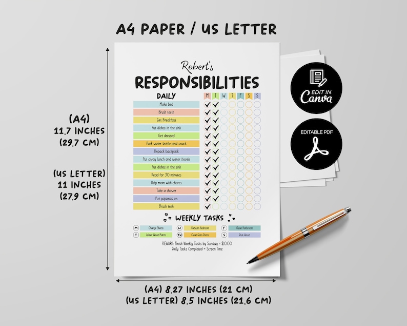 Kids Responsibilities Chart Printable, Daily Planner for Kids, Editable ...