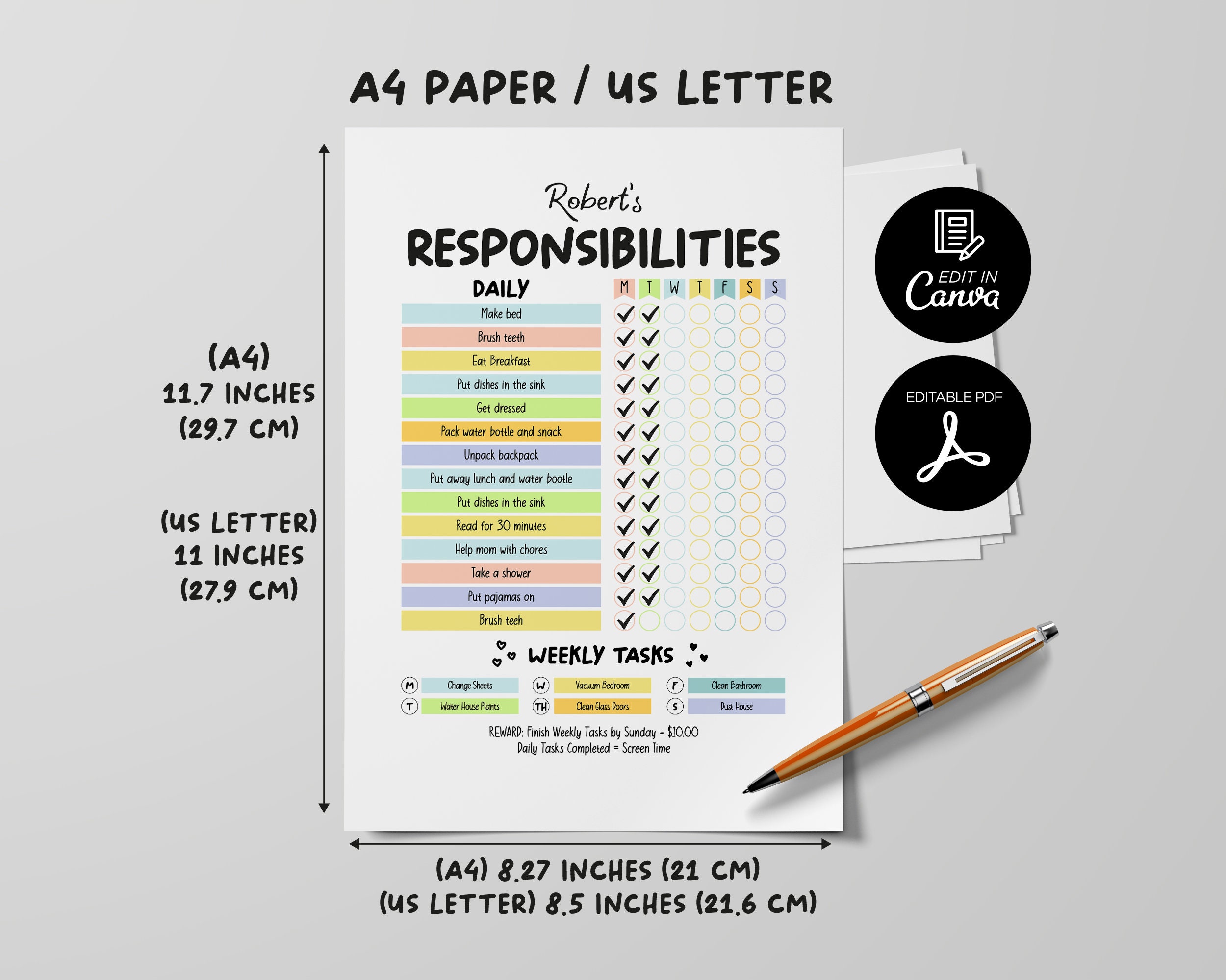 Kids Responsibilities Chart Printable, Daily Planner for Kids, Editable ...
