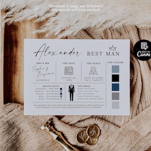 K&ouml;nnte beinhalten: Eine wei&szlig;e Hochzeitseinladungskarte mit dem Text "Alexander BEST MAN" und Hochzeitsdetails. Die Karte enth&auml;lt Datum, Ort und Farbpalette. Der Hintergrund ist ein strukturierter, neutraler Stoff.