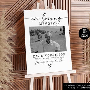 May include: A white memorial sign on an easel with the text "in loving memory" above a black and white photo of a man. The sign includes the name "David Richardson" and dates, with the phrase "forever in our hearts" and a heart symbol.